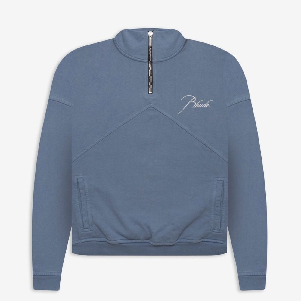 Rhude Letter Embroidered Zipper Half Turtleneck Blue Hoodies